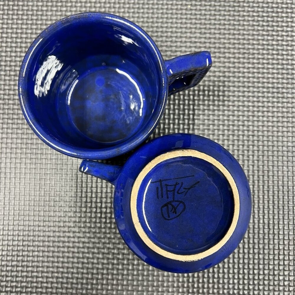 Italian Peasant Village Pottery Blue Espresso Cups Pair Signed PV